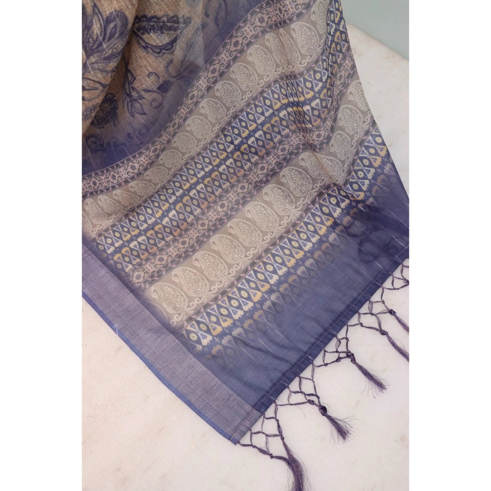 Women's Linen Digital Print Saree With Unstitched Blouse 5.5Mtr (Blue)