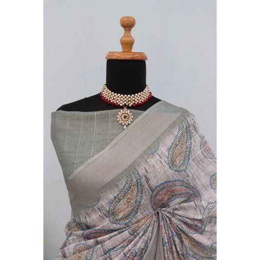 Women's Linen Digital Print Saree With Unstitched Blouse 5.5Mtr (Grey)
