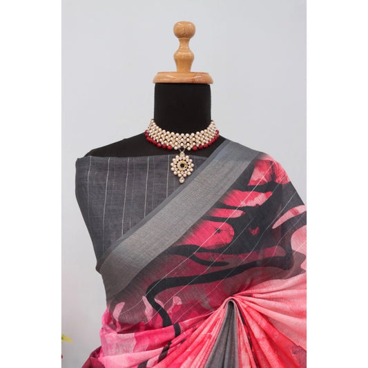 Women's Linen Digital Print Saree With Unstitched Blouse 5.5Mtr (Pink)