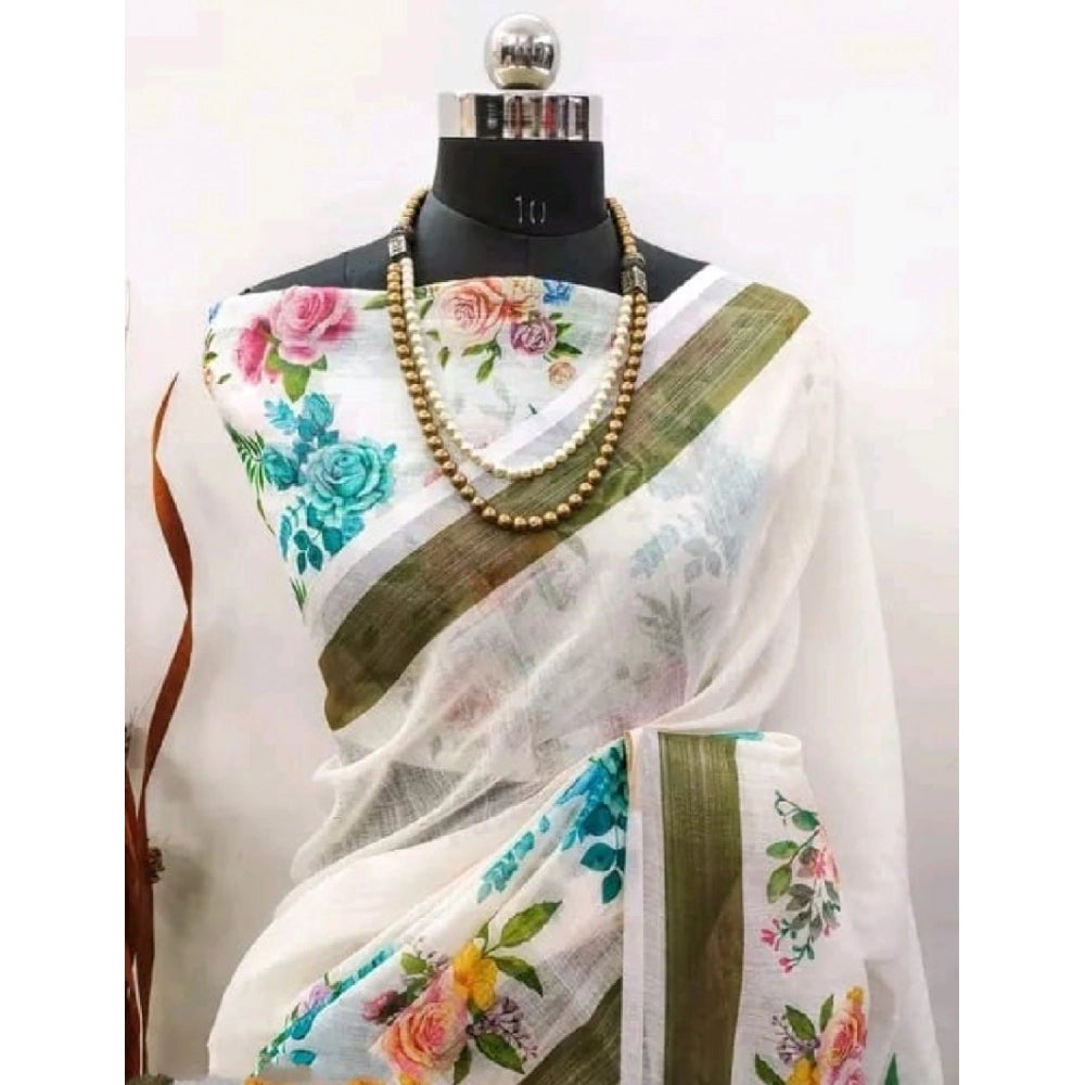 Women's Cotton Linen Printed Saree With Unstitched Blouse 5.5Mtr (Multicolor)