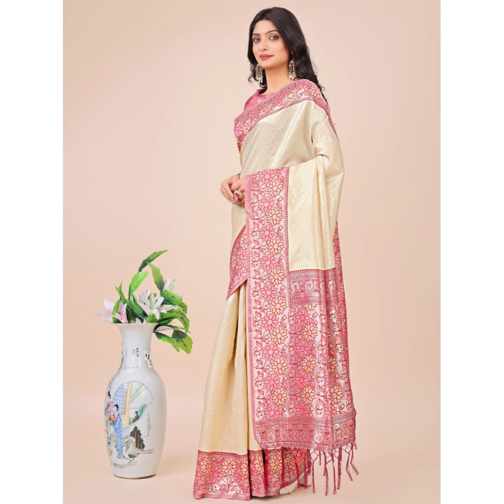 Cream lichi silk saree for women — pallu detail
