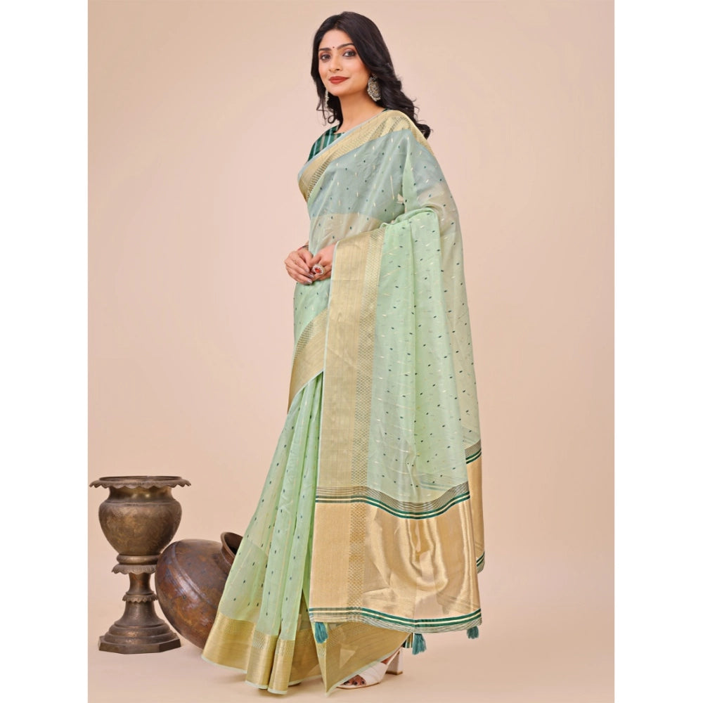 Olive Green organza saree for women — pallu detail