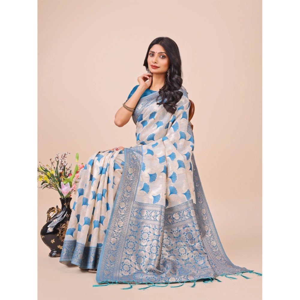 Sky Blue linen cotton saree for women — pallu detail