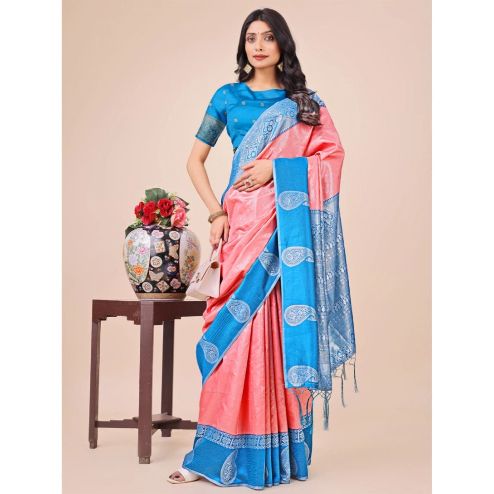 Peach lichi silk saree for women — pallu detail