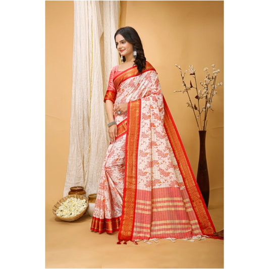 Women's Soft Cotton Silk Printed Saree With Unstitched Blouse 5.5Mtr (Red)