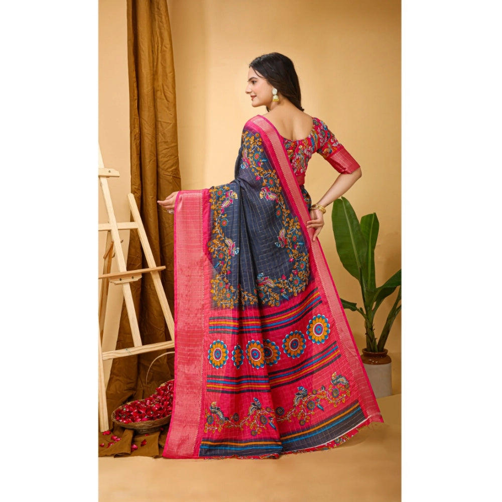 Women's Soft Dola Cotton Kalamkari Printed Saree With Unstitched Blouse 5.5Mtr (Grey)