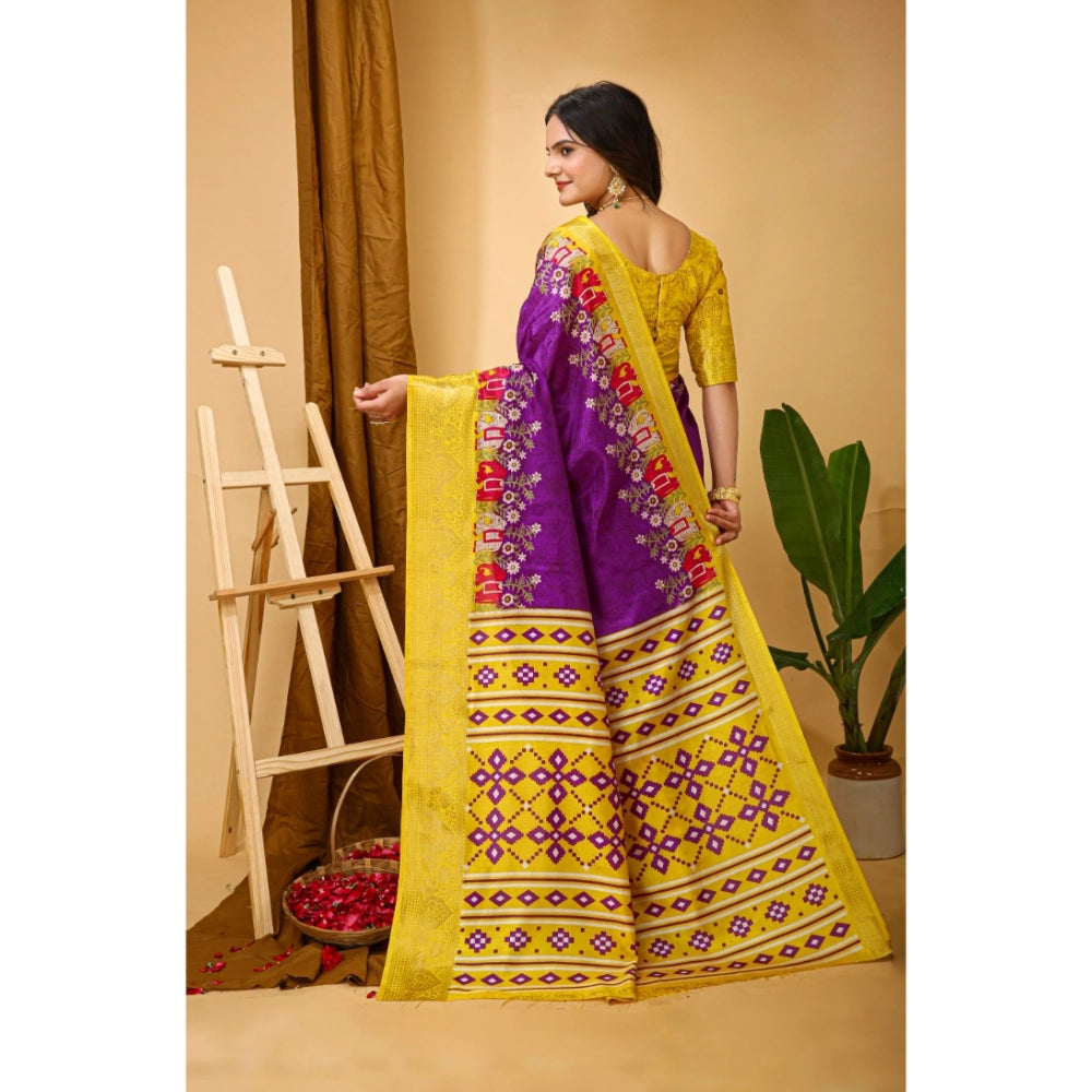 Women's Soft Dola Cotton Kalamkari Printed Saree With Unstitched Blouse 5.5Mtr (Purple)