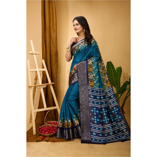 Women's Soft Dola Cotton Kalamkari Printed Saree With Unstitched Blouse 5.5Mtr (Blue)
