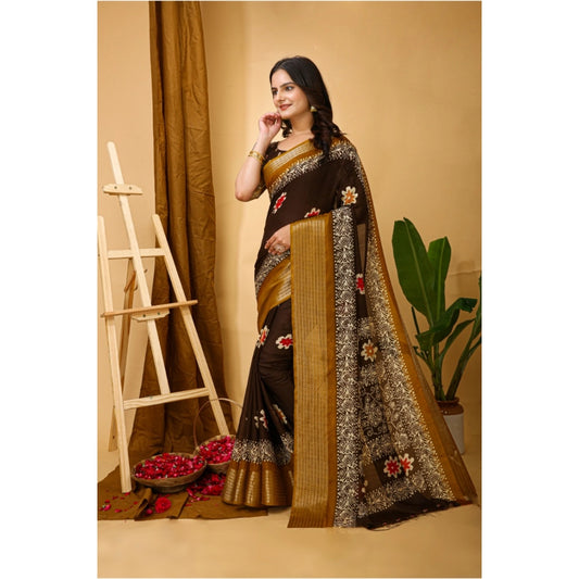 Women's Soft Blooming Marshmallow Fabric Kalamkari Printed Saree With Unstitched Blouse 5.5Mtr (Brown)