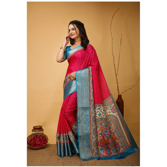 Women's Soft Dola Cotton Kalamkari Printed Saree With Unstitched Blouse 5.5Mtr (Pink)