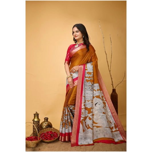 Women's Soft Handloom Cotton Kalamkari Printed Saree With Unstitched Blouse 5.5Mtr (Mustard)