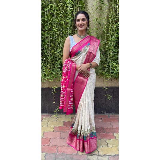 Women's Soft Dola Cotton Kalamkari Printed Saree With Unstitched Blouse 5.5Mtr (White)