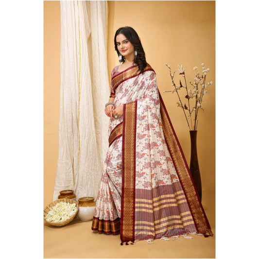 Women's Soft Cotton Silk Printed Saree With Unstitched Blouse 5.5Mtr (Maroon)