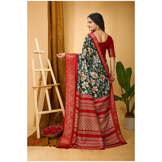 Women's Soft Dola Cotton Kalamkari Printed Saree With Unstitched Blouse 5.5Mtr (Green)