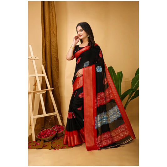 Women's Soft Blooming Marshmallow Fabric Kalamkari Printed Saree With Unstitched Blouse 5.5Mtr (Black)