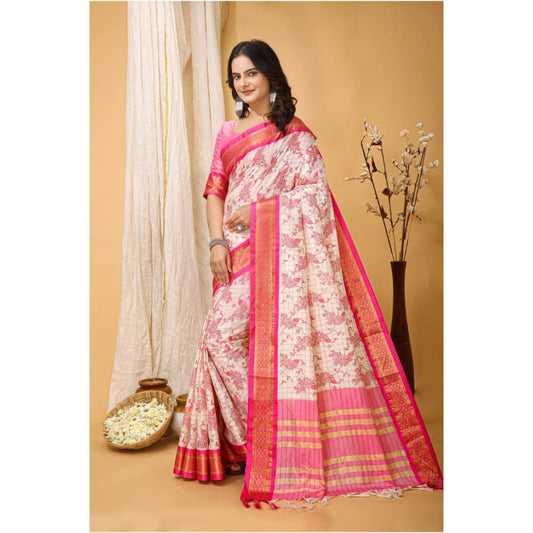 Women's Soft Cotton Silk Printed Saree With Unstitched Blouse 5.5Mtr (Pink)