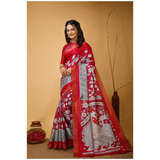 Women's Soft Handloom Cotton Kalamkari Printed Saree With Unstitched Blouse 5.5Mtr (Pink)