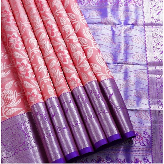 Women's Soft Lichi Silk Printed Saree With Unstitched Blouse 5.5Mtr (Purple)