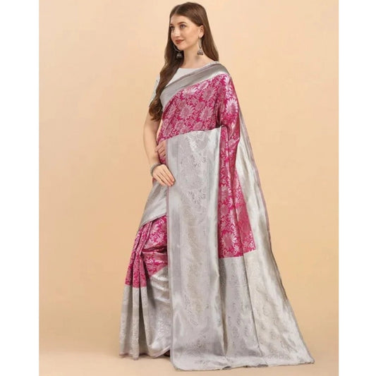 Women's Soft Lichi Silk Printed Saree With Unstitched Blouse 5.5Mtr (Pink)