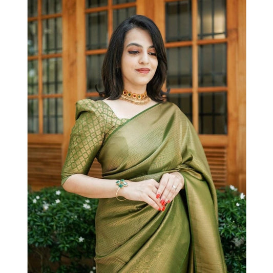 Women's Soft Lichi Silk Printed Saree With Unstitched Blouse 5.5Mtr (Green)