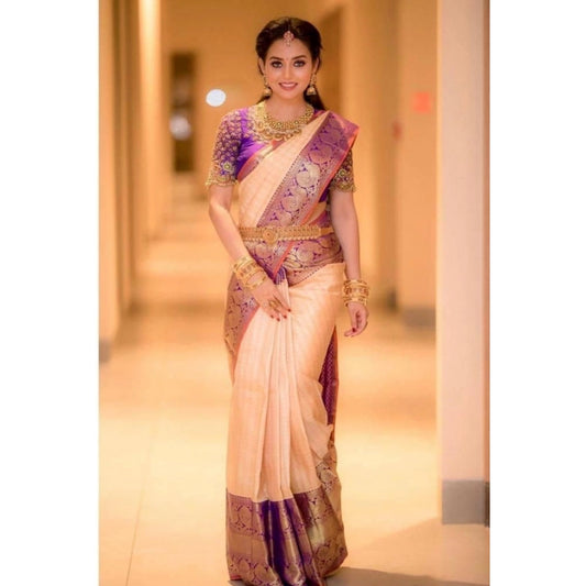 Women's Soft Lichi Silk Printed Saree With Unstitched Blouse 5.5Mtr (Purple)