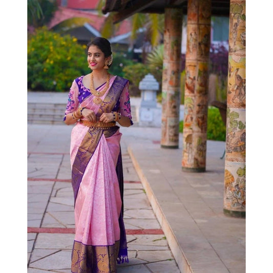 Women's Soft Lichi Silk Printed Saree With Unstitched Blouse 5.5Mtr (Purple)