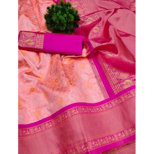 Women's Soft Lichi Silk Printed Saree With Unstitched Blouse 5.5Mtr (Pink)