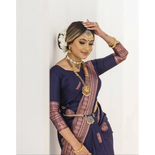 Women's Soft Lichi Silk Printed Saree With Unstitched Blouse 5.5Mtr (Navy Blue)