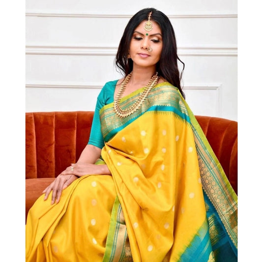 Women's Soft Lichi Silk Printed Saree With Unstitched Blouse 5.5Mtr (Yellow)