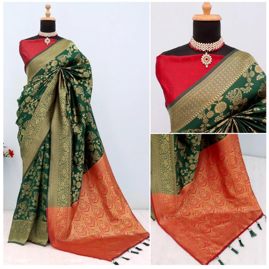 Women's Banarasi Printed Saree With Unstitched Blouse 5.5Mtr (Green)