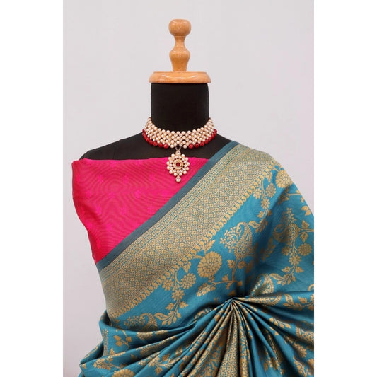 Women's Banarasi Printed Saree With Unstitched Blouse 5.5Mtr (Aqua Blue)