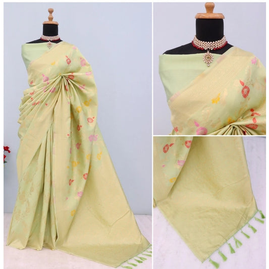 Women's Banarasi Printed Saree With Unstitched Blouse 5.5Mtr (Pista)