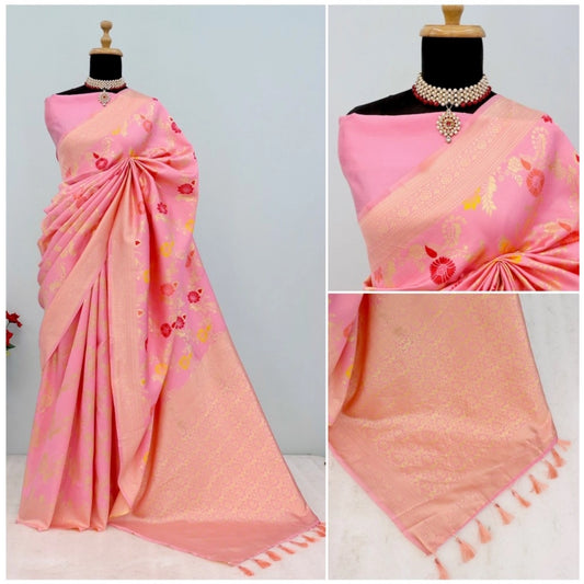 Women's Banarasi Printed Saree With Unstitched Blouse 5.5Mtr (Pink)