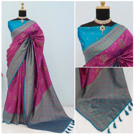 Women's Banarasi Printed Saree With Unstitched Blouse 5.5Mtr (Purple)