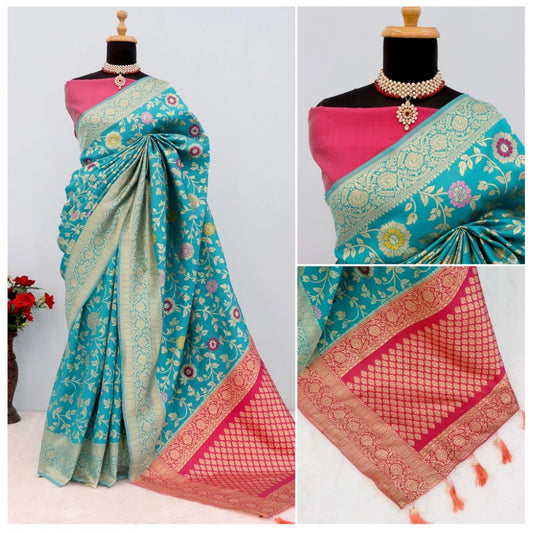 Women's Banarasi Printed Saree With Unstitched Blouse 5.5Mtr (Rama)