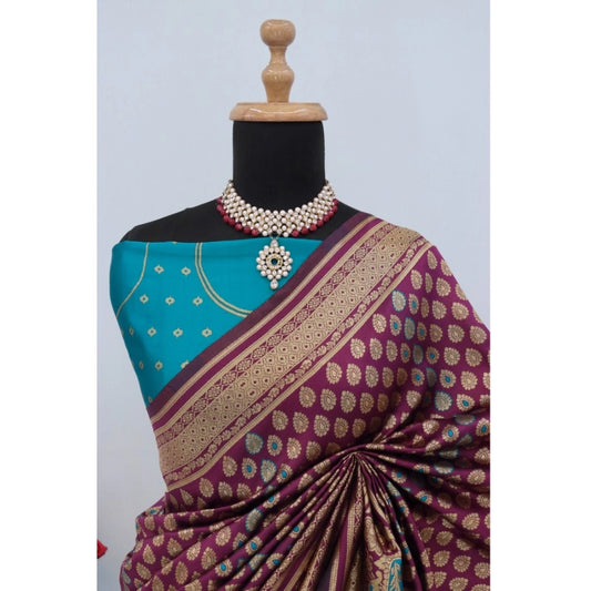 Women's Banarasi Printed Saree With Unstitched Blouse 5.5Mtr (Purple)