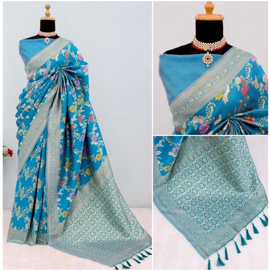 Women's Banarasi Printed Saree With Unstitched Blouse 5.5Mtr (Aqua Blue)