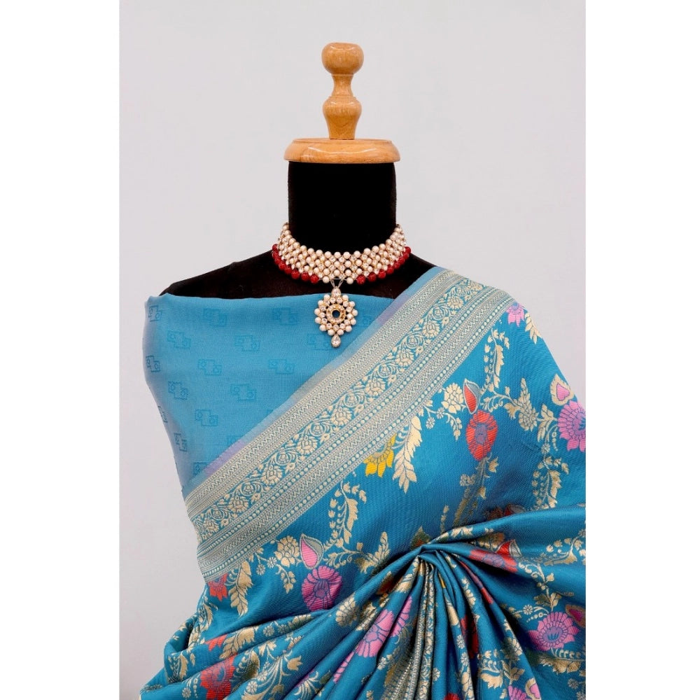 Women's Banarasi Printed Saree With Unstitched Blouse 5.5Mtr (Aqua Blue)