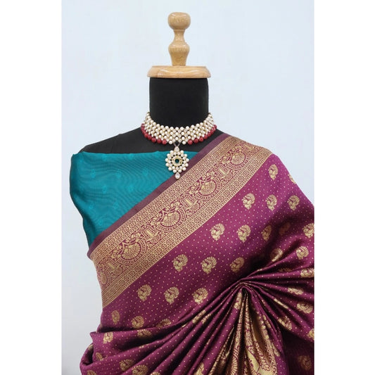 Women's Banarasi Printed Saree With Unstitched Blouse 5.5Mtr (Purple)