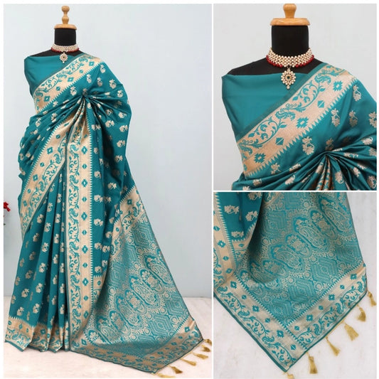 Women's Satin Printed Saree With Unstitched Blouse 5.5Mtr (Rama)