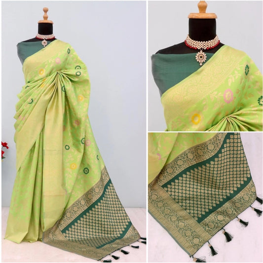 Women's Banarasi Printed Saree With Unstitched Blouse 5.5Mtr (Green)