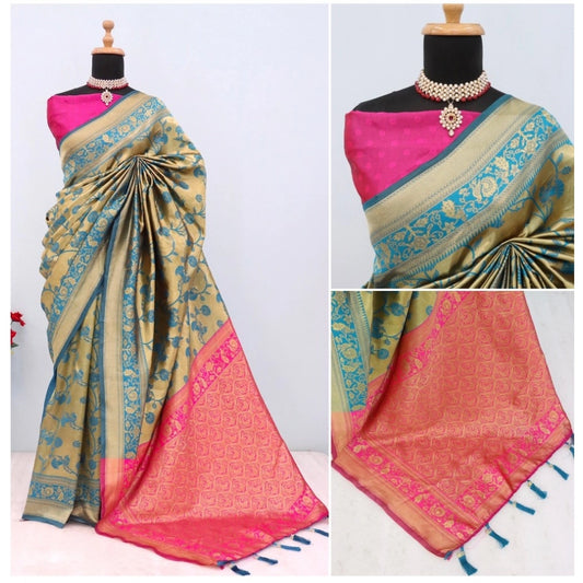 Women's Banarasi Printed Saree With Unstitched Blouse 5.5Mtr (Golden)