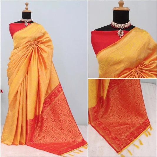 Women's Banarasi Printed Saree With Unstitched Blouse 5.5Mtr (Yellow)