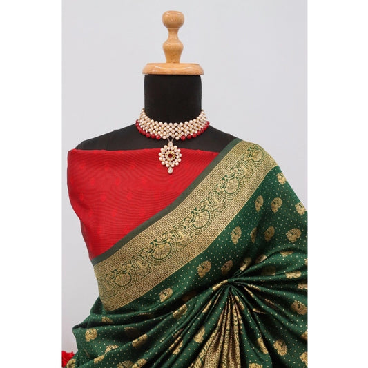 Women's Banarasi Printed Saree With Unstitched Blouse 5.5Mtr (Green)