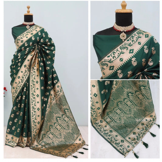 Women's Satin Printed Saree With Unstitched Blouse 5.5Mtr (Green)