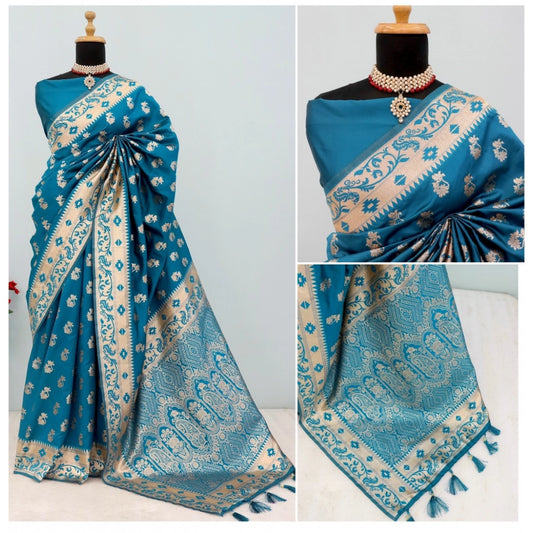 Women's Satin Printed Saree With Unstitched Blouse 5.5Mtr (Aqua Blue)