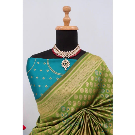 Women's Banarasi Printed Saree With Unstitched Blouse 5.5Mtr (Mehendi Green)