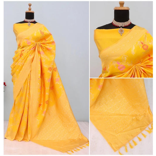 Women's Banarasi Printed Saree With Unstitched Blouse 5.5Mtr (Yellow)