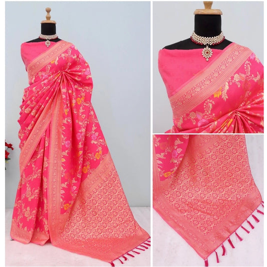 Women's Banarasi Printed Saree With Unstitched Blouse 5.5Mtr (Rani)