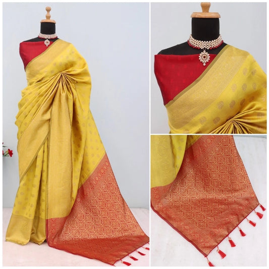 Women's Banarasi Printed Saree With Unstitched Blouse 5.5Mtr (Yellow)